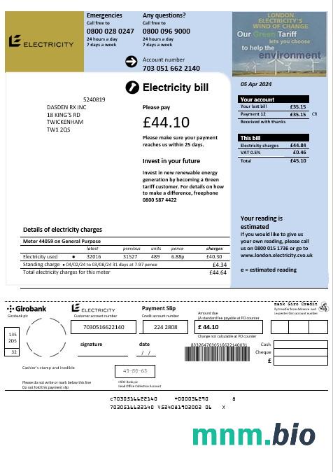 Szablon rachunku za energię elektryczną w Wielkiej Brytanii w formatach Word i PDF